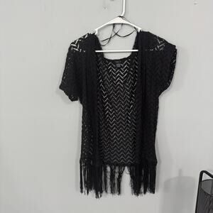 Rue 21 Black Open Knit Short Sleeve Cardigan Shrug w/ Fringe Women's Size Large